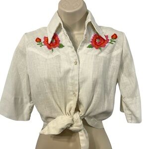 Pretty Embroidered Floral Tie-Front Blouse